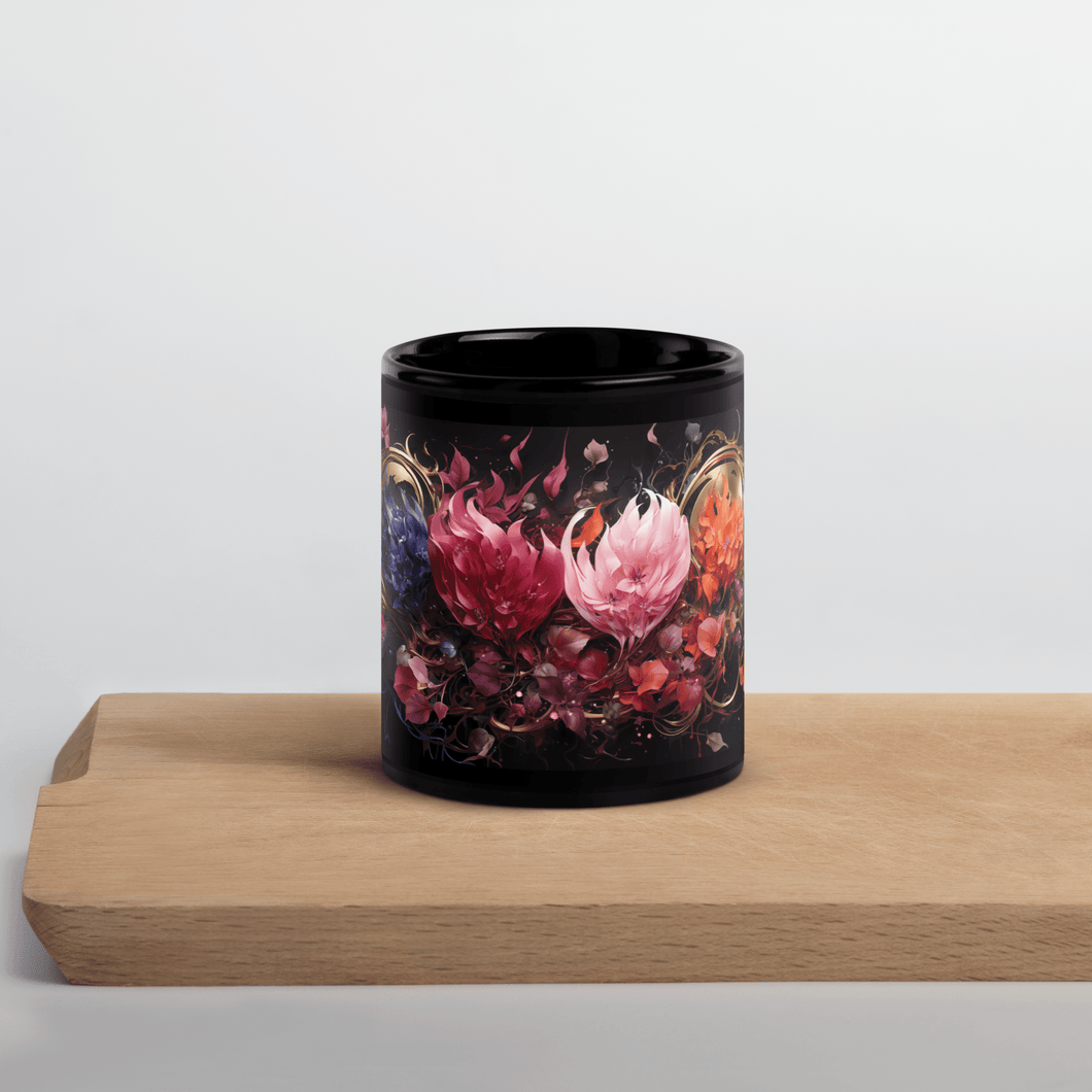 Four Flowers Black Glossy Mug - Cups - Cloutropolis